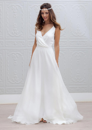 Ivory Polka Dot Chiffon V Back Long Sweet Wedding Dress  